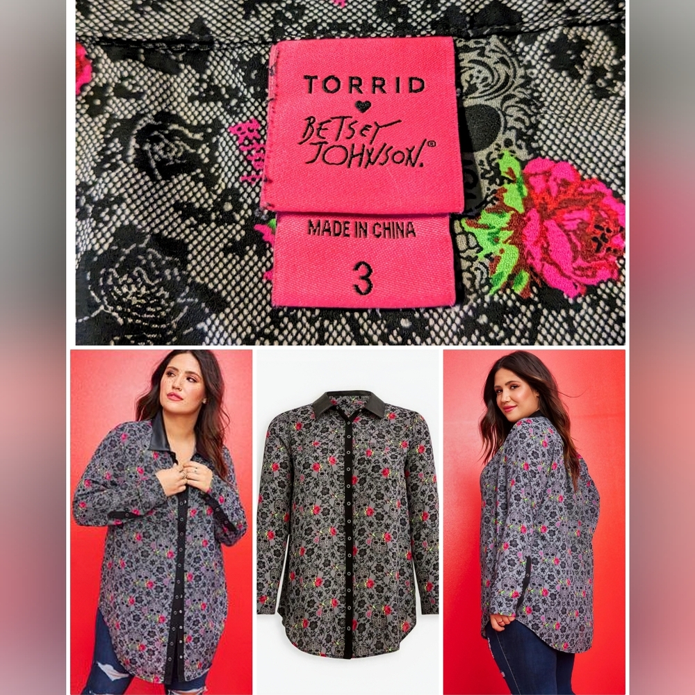 TORRID & Betsey Johnson, Tunic Blouse, Georgette Floral & Skulls, Size 3X